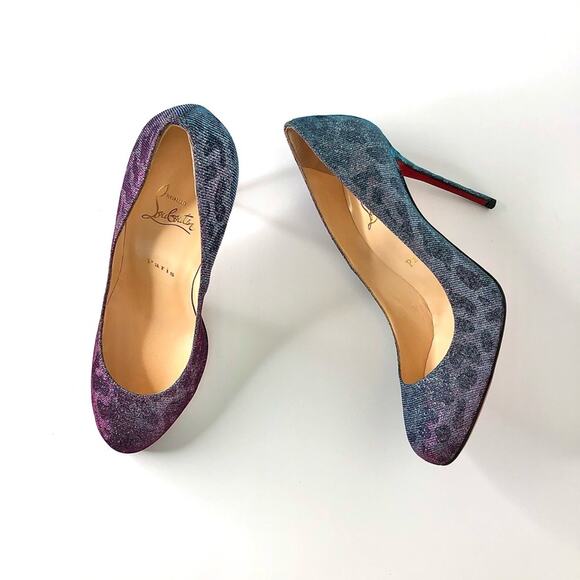 NIB Christian Louboutin Fifi 100 Leopard Print Turquoise Violet Pumps 38.5 - Picture 2 of 10